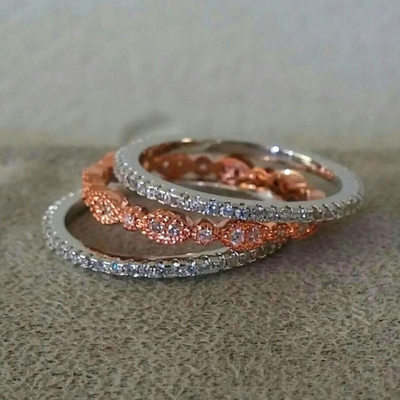 3 PC Rose Gold + Silver Eternity Band Ring Set sz8